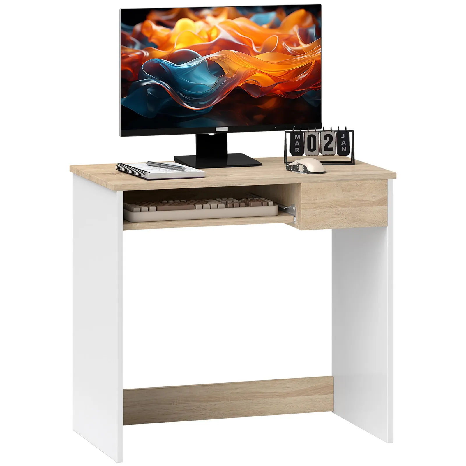 HOMCOM Compact Computer Table w/ Keyboard Tray Drawer Study Office Work in Light Oak 2