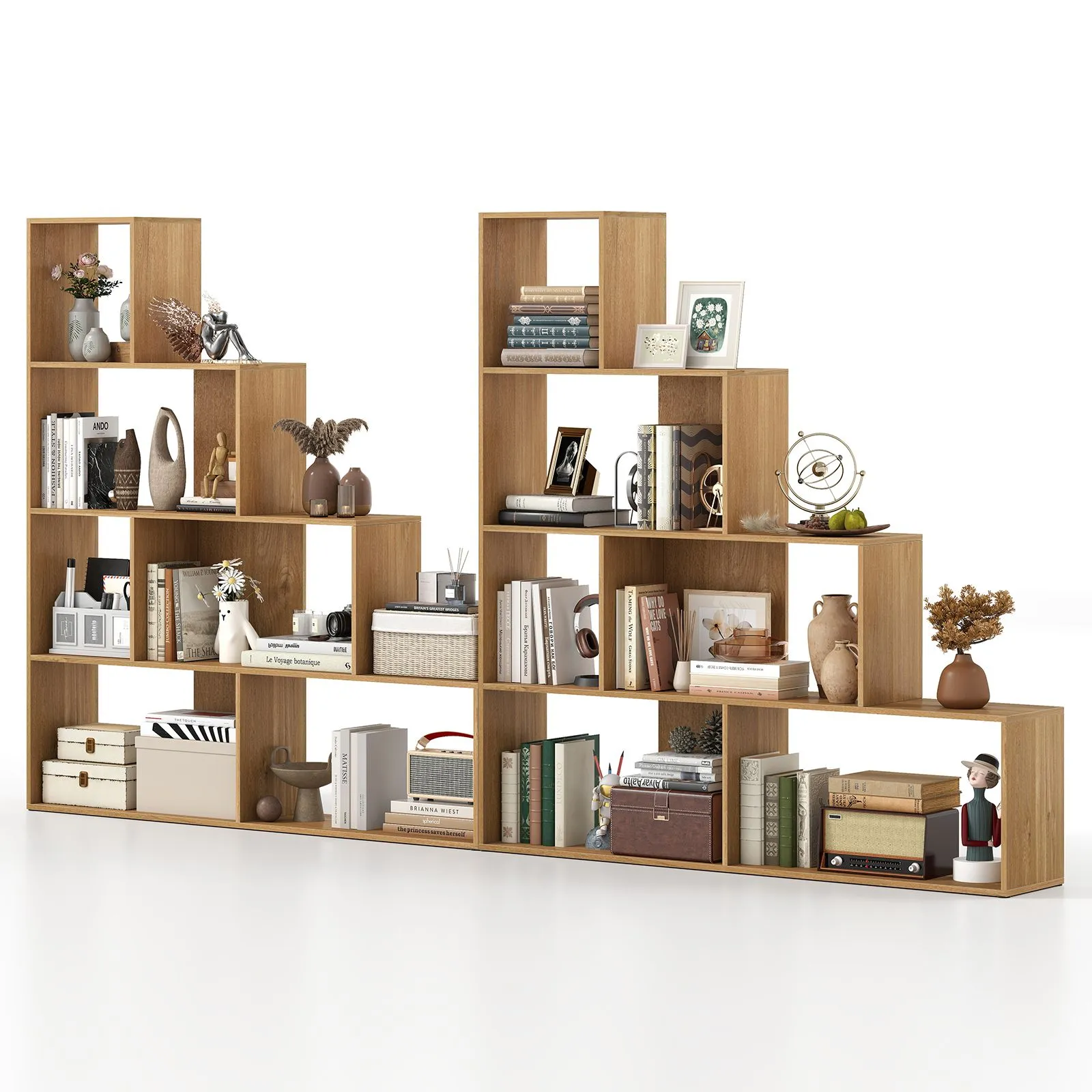 Costway 4-Tier Stepped Bookshelf Modern Ladder Bookcase w/6 Storage Cubes in Natural 4