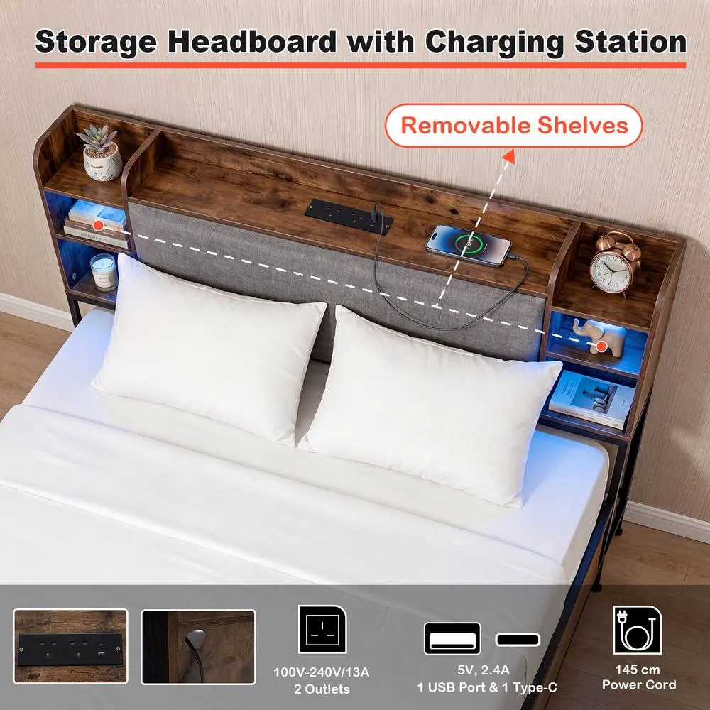 Costway King Size Bed Frame w/ LED Lights & Charging Station Platform Bed in Brown 6
