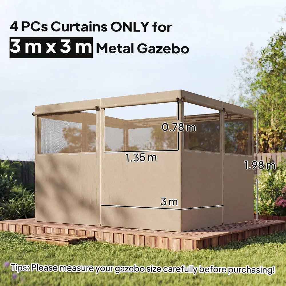 OUTSUNNY 3 x 3 m Gazebo Replacement Curtains Privacy Panel Set in Khaki 3