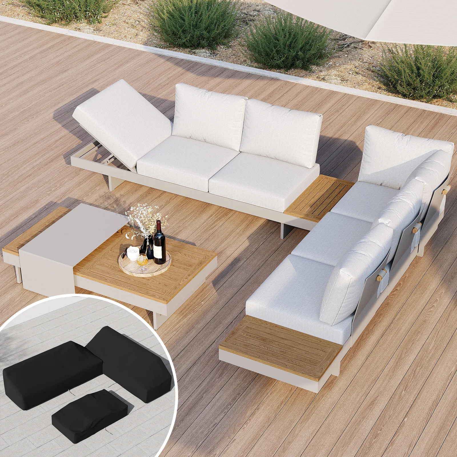 6-Person Modular Garden Sofa Set with Premium Teak Table & Aluminum Frame, Light Gray Cushions, Protective Covers Included