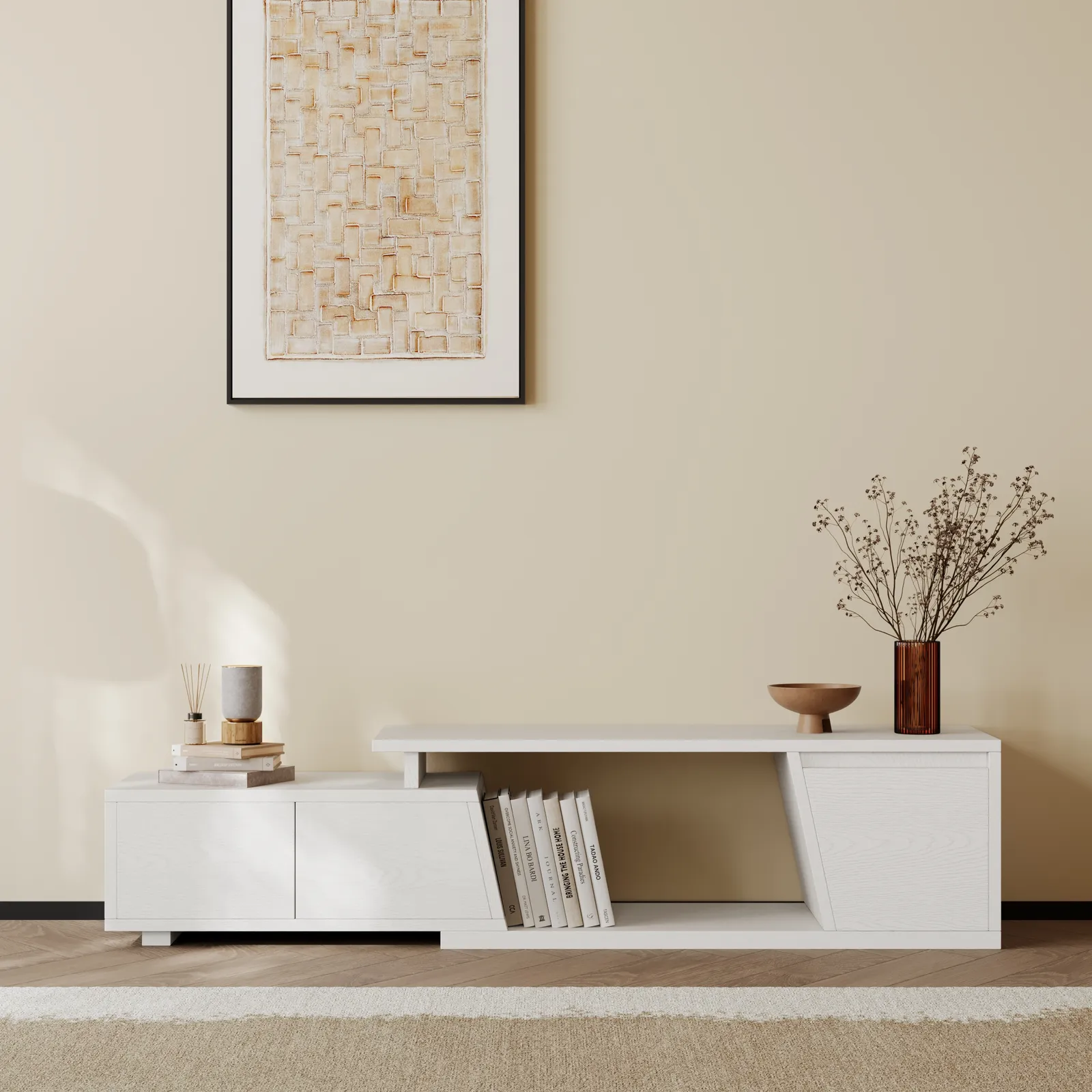 Fero White Extendable TV Stand with 3 Drawers 1200 mm - 1800 mm