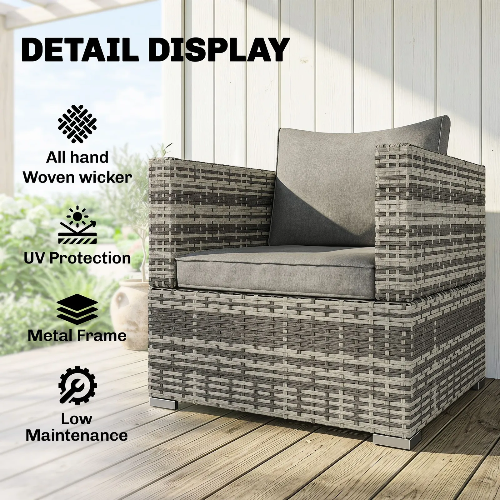 OUTSUNNY Outdoor Garden Furniture Rattan Single Middle Sofa w/ Cushions in Grey 4