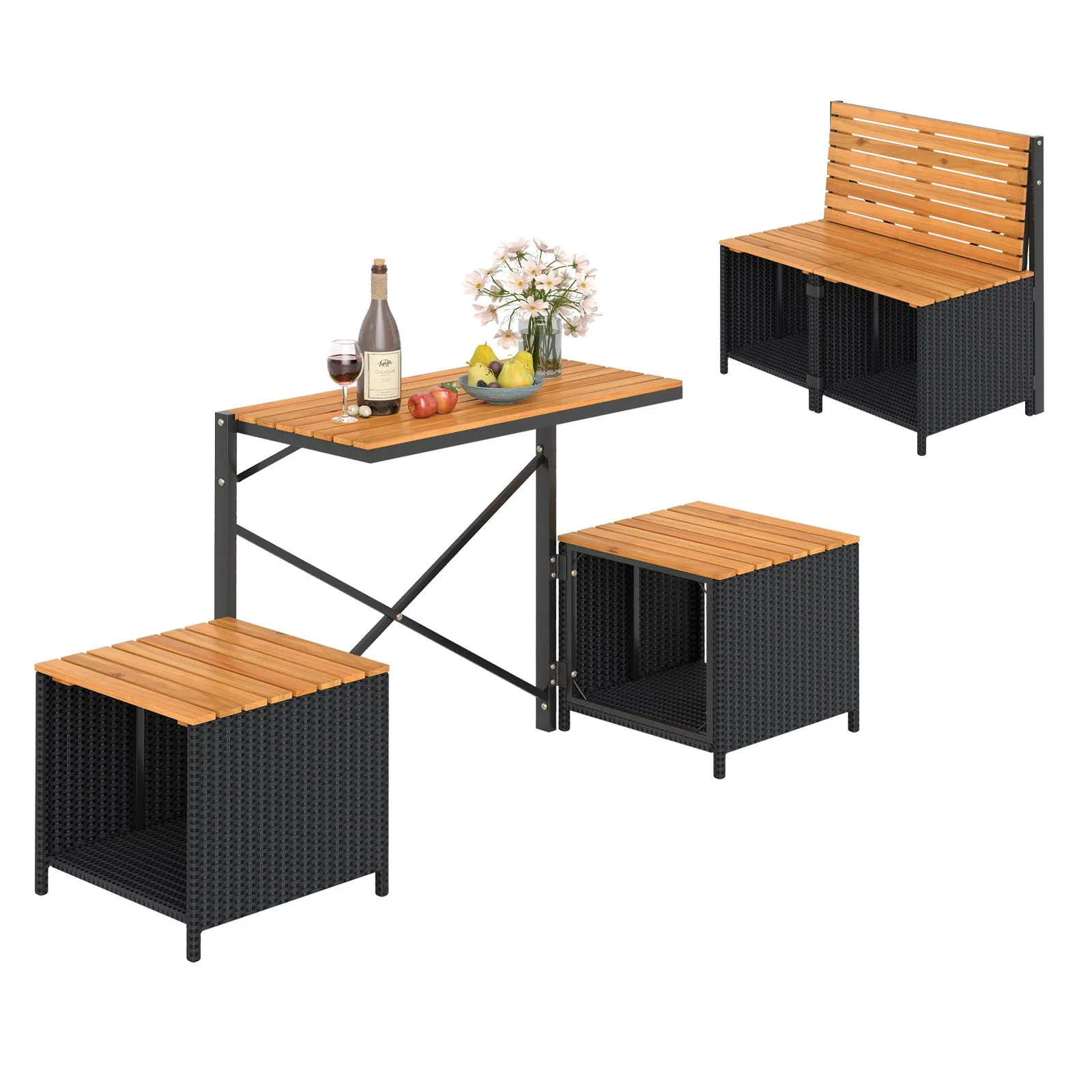 Costway Patio Furniture Set with Raised Garden Bed Table with Built-in Chairs in Brown