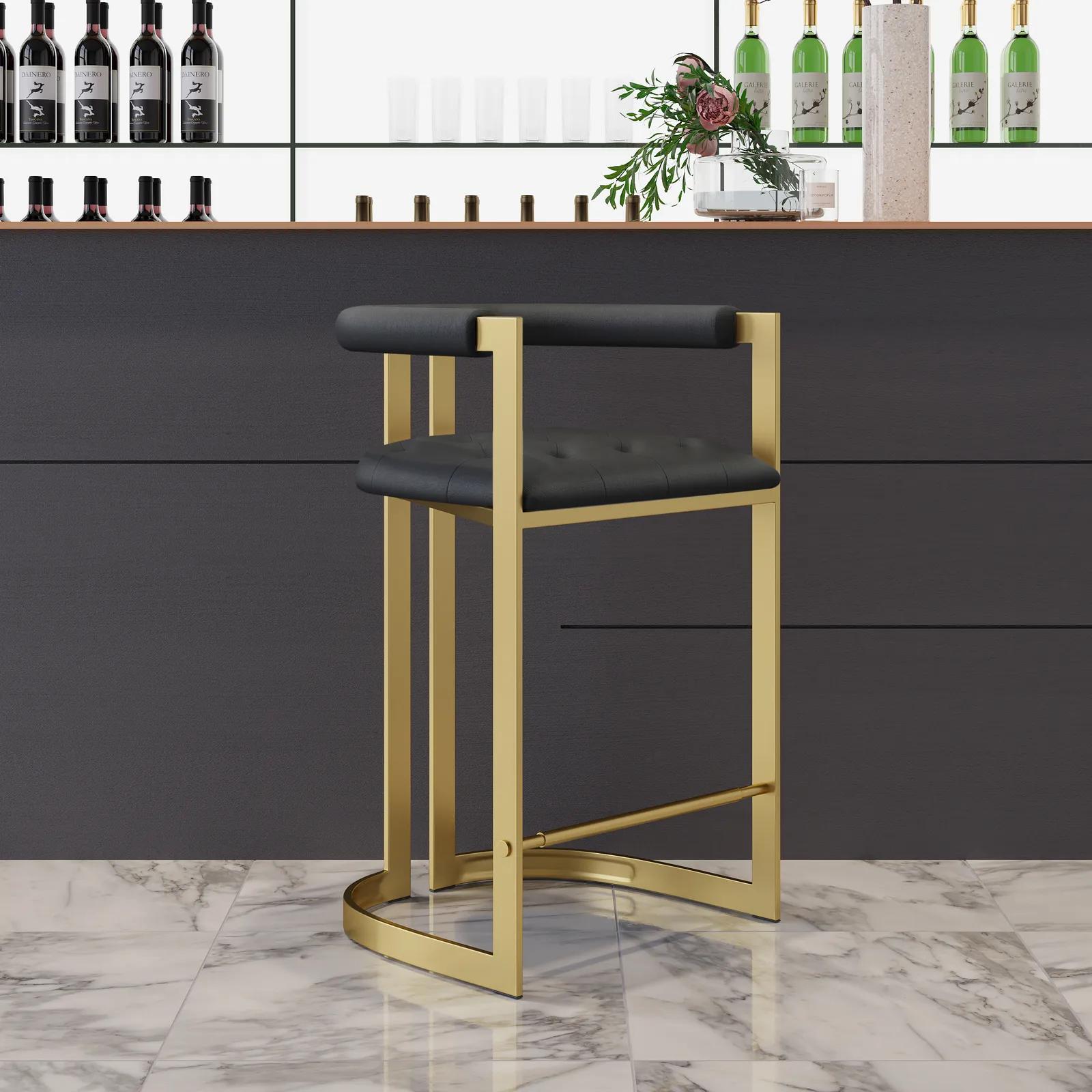 Modern Counter Stool Bar Stool with Back Black Upholstery in Gold