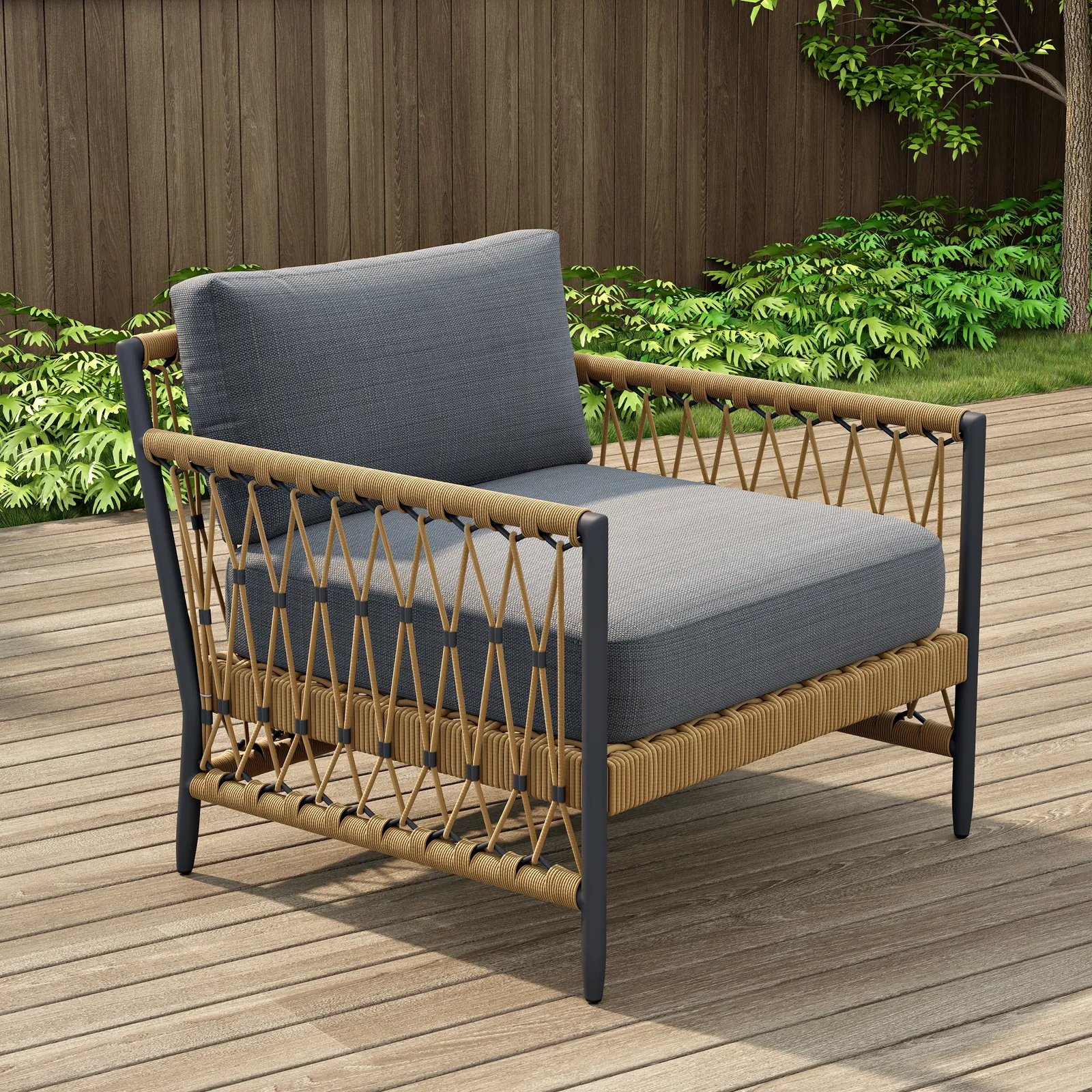Woven Rope Outdoor Armchair Accent Chair Boho Yard & Patio Furniture in Dark Gray Cushion & Pillow Included