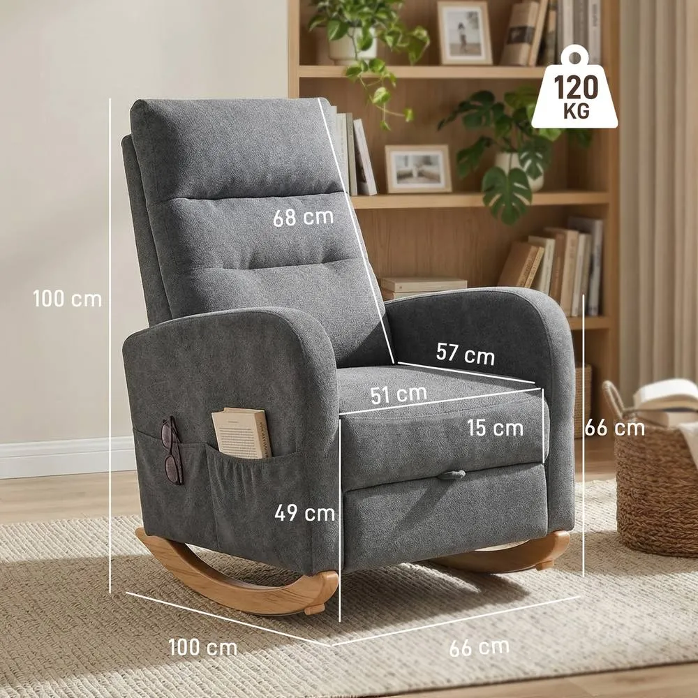 HOMCOM Upholstered Rocking Chair with Retractable Footrest Grey 3
