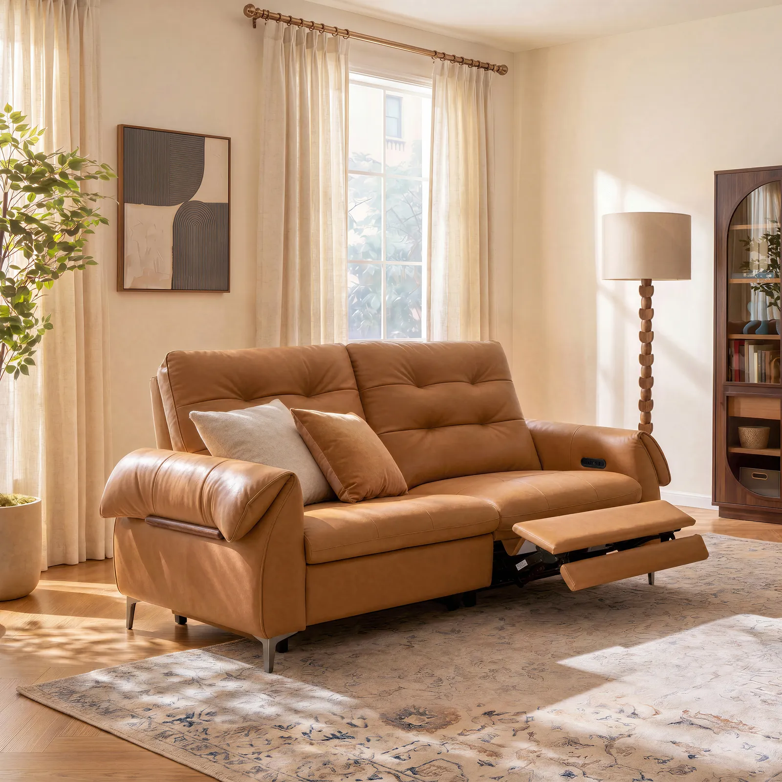 216cm 2-Seater Genuine Leather Power Reclining Sofa with USB & USB-C Charging Ports