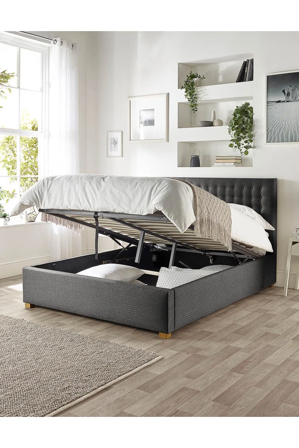 Catherine Lansfield Opulence Ottoman Storage Bed in Saxon Twill Fabric, Custom Made in Charcoal 3