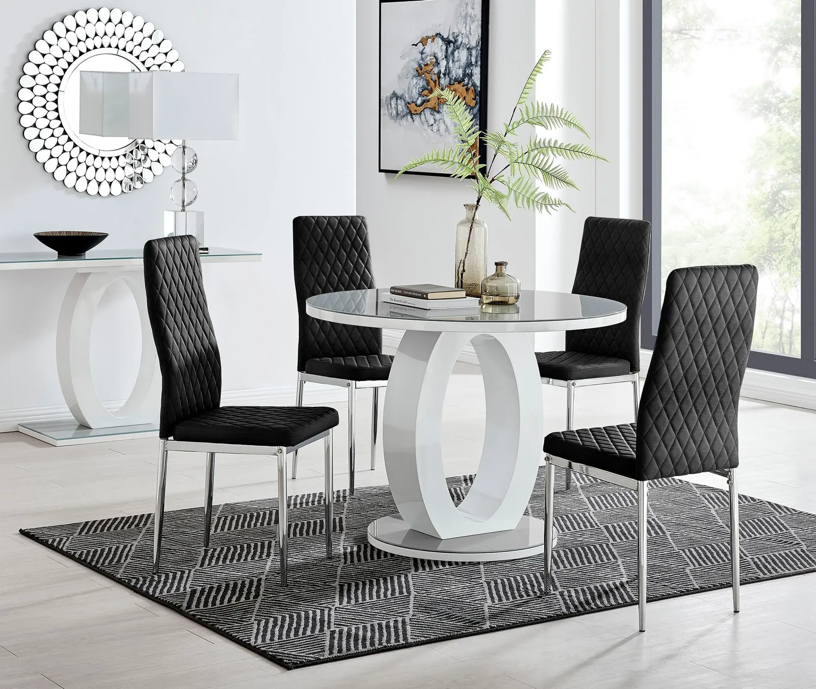 FurnitureboxUK Giovani Round 4 Seat 100cm White High Gloss Halo Base Grey Glass Top Dining Table 4 Soft Velvet Silver Leg Milan Chairs in Black