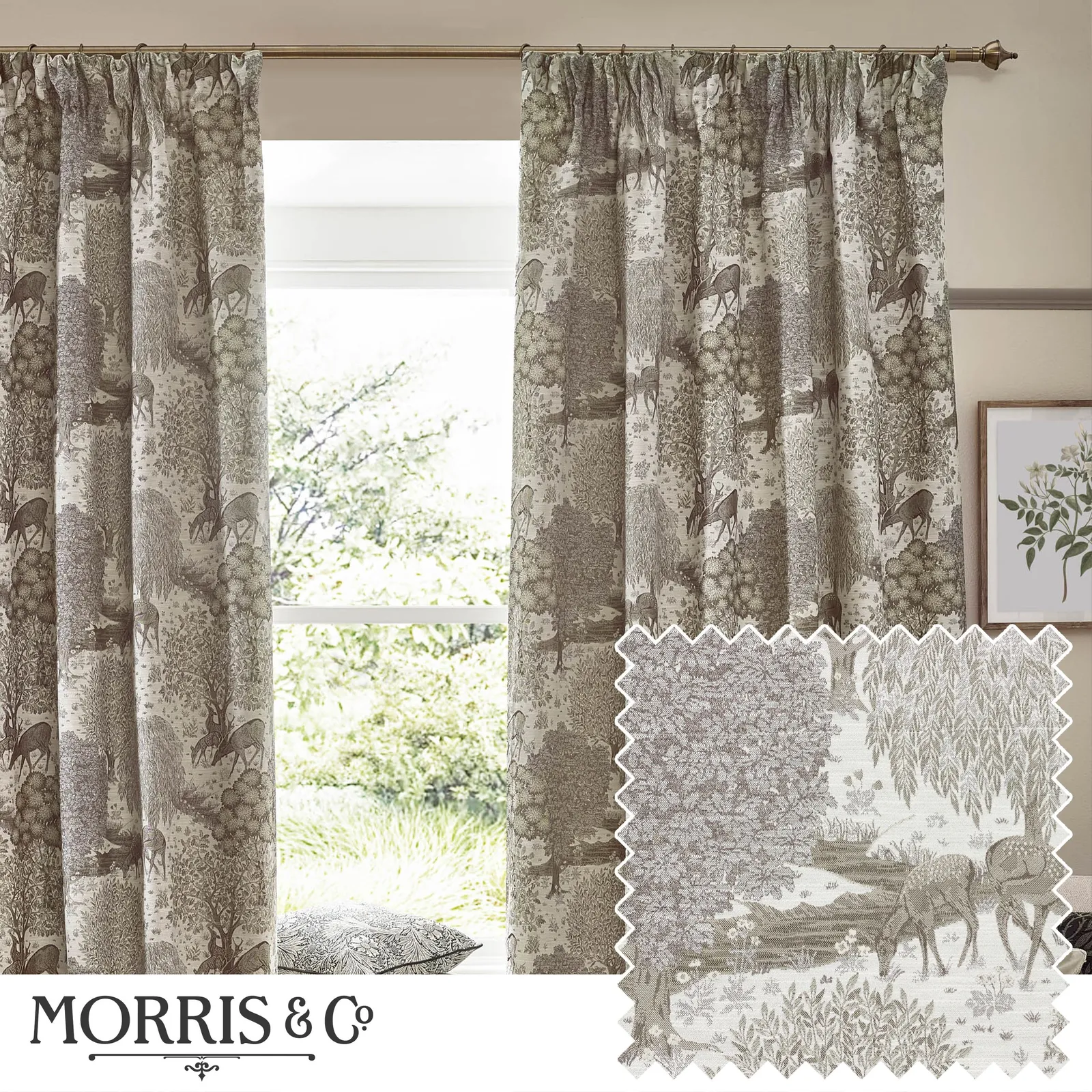 Morris & Co Brook Woodland Jacquard Room Darkening Pencil Pleat Curtains in Beige