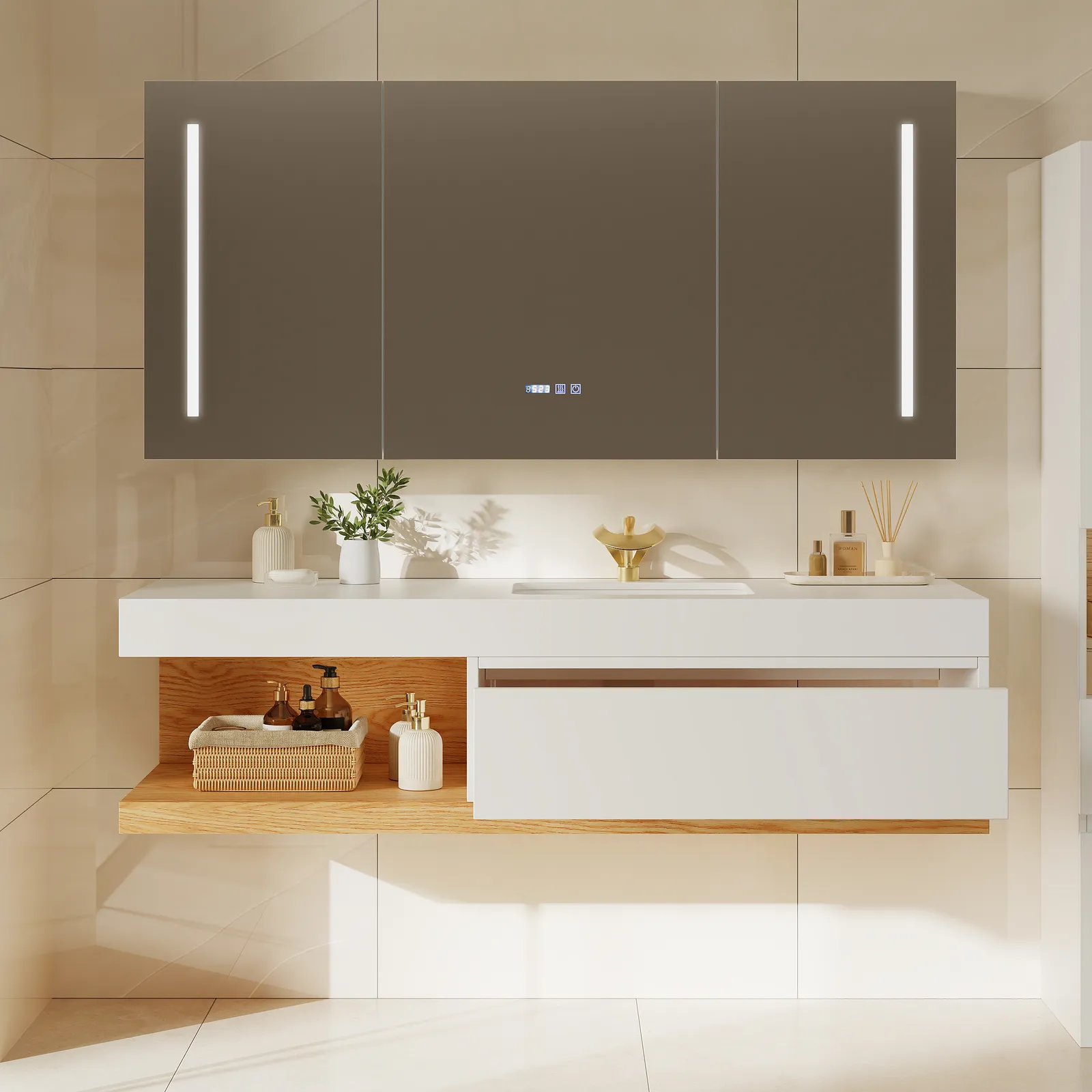 150cm Floating Bathroom Vanity & LED Mirror Cabinet Set