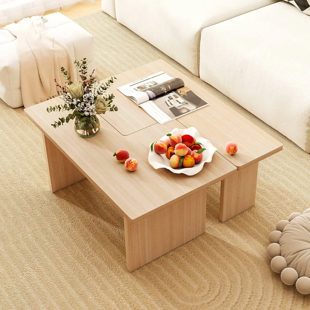 Costway 2PCS Modular Coffee Table Shaped Center Tables Wooden Side Table in Light Oak 5