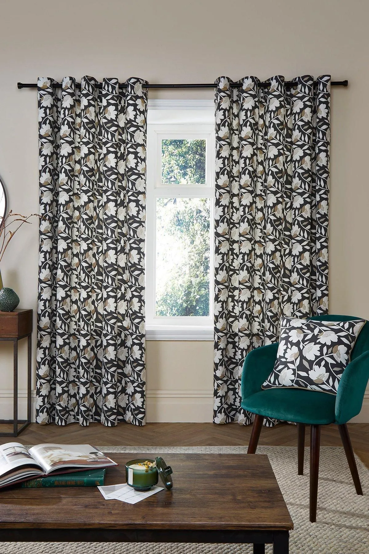 Fusion 'Luna' 100% Cotton Pair of Eyelet Curtains in Black 1