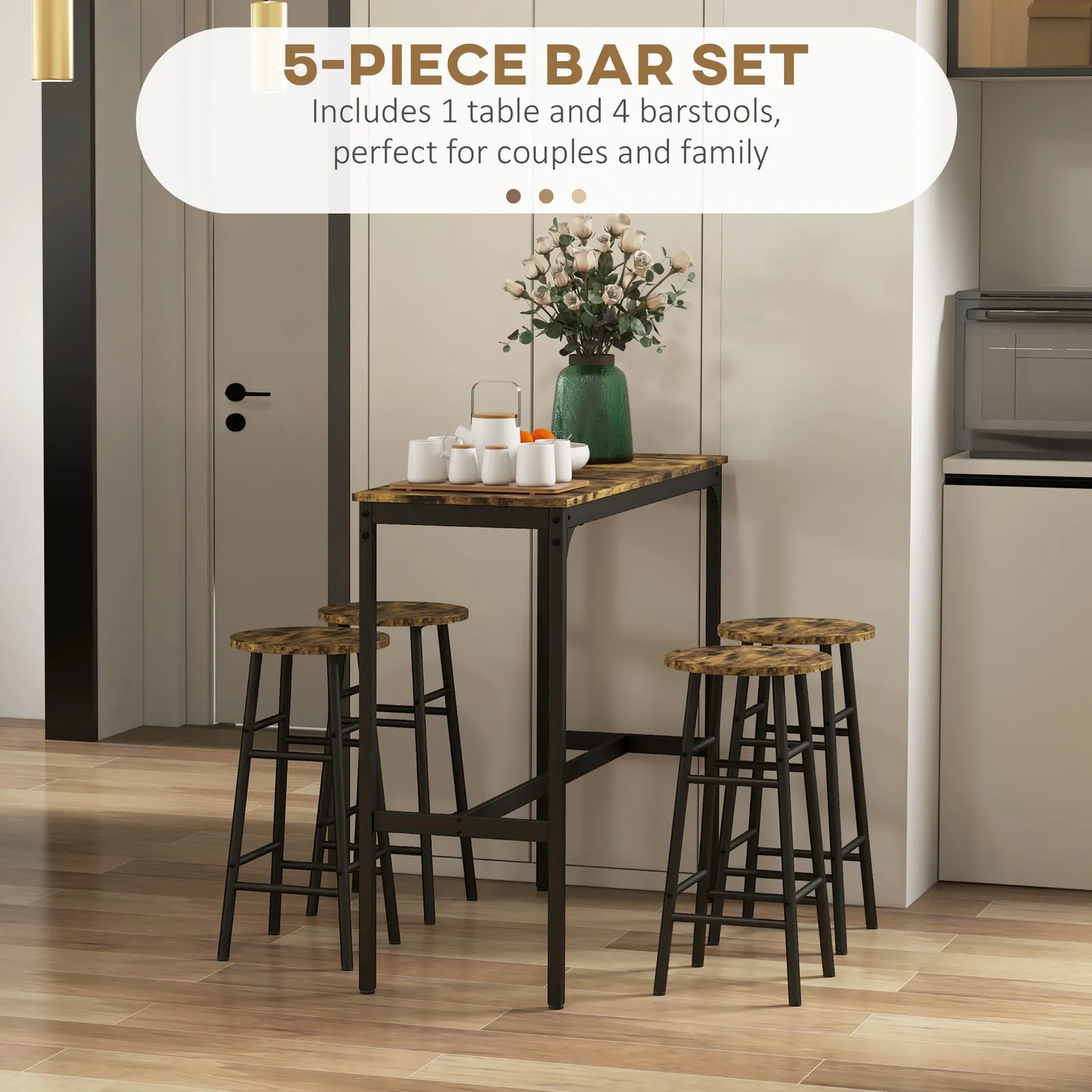 HOMCOM 5 Piece Bar Set, Industrial Kitchen & Chair Set Rustic Brown 4