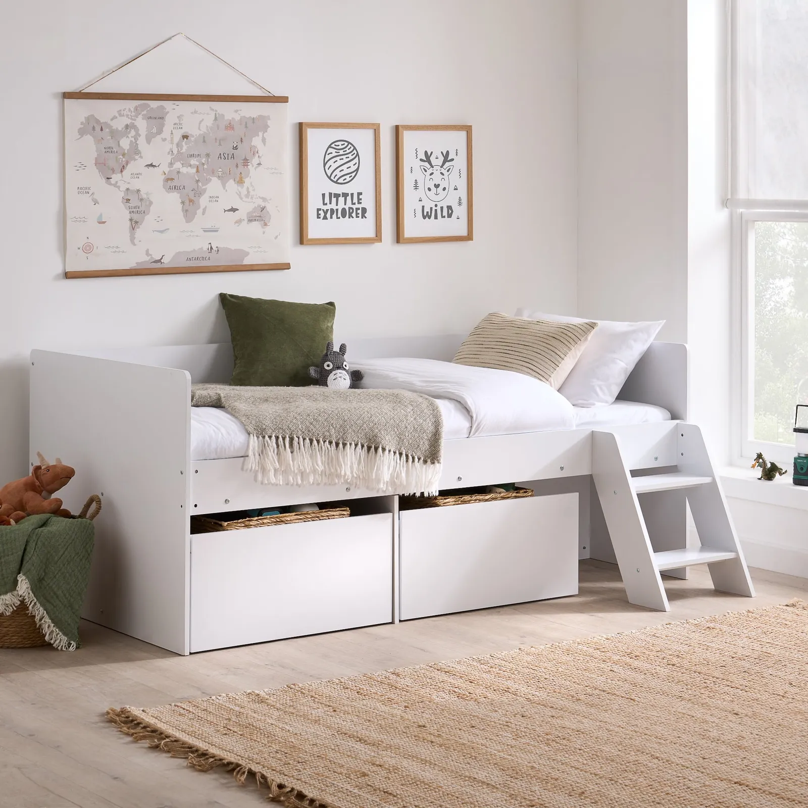 Poppy - Single - Cabin Bed with Drawers and Moveable Ladder - White - Wood - 3ft