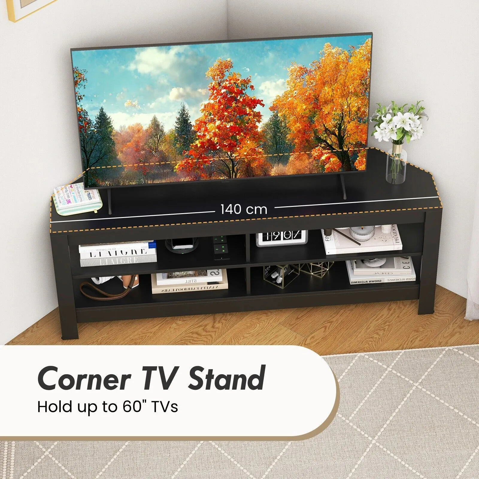 Costway Corner TV Stand with Power Outlet 3-Tier Entertainment Center for 60" TV in Black 3