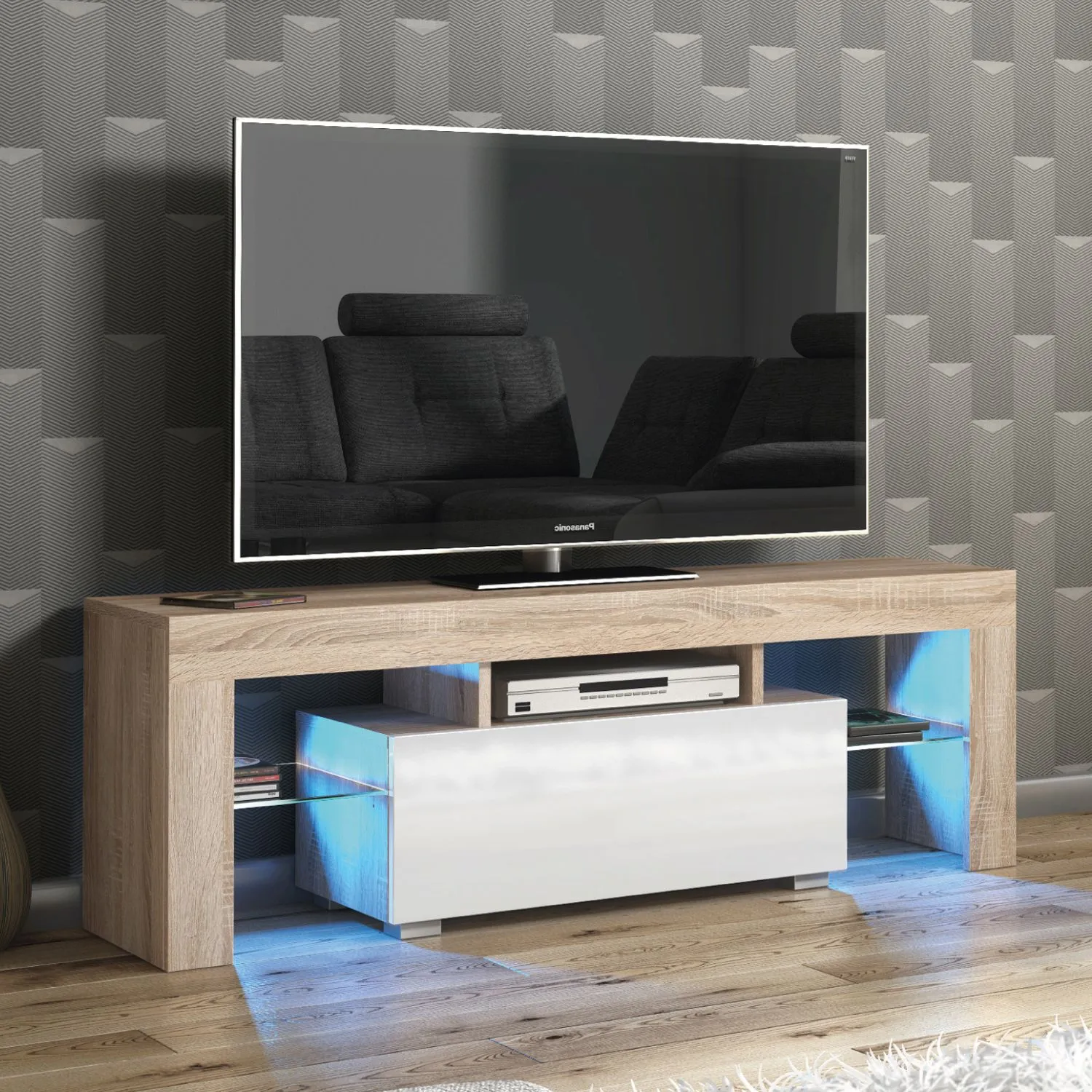 Creative Furniture Floe TV Unit 130cm - A Sleek & Elegant Cabinet with Gloss Doors & LED Lights in Light Oak 5