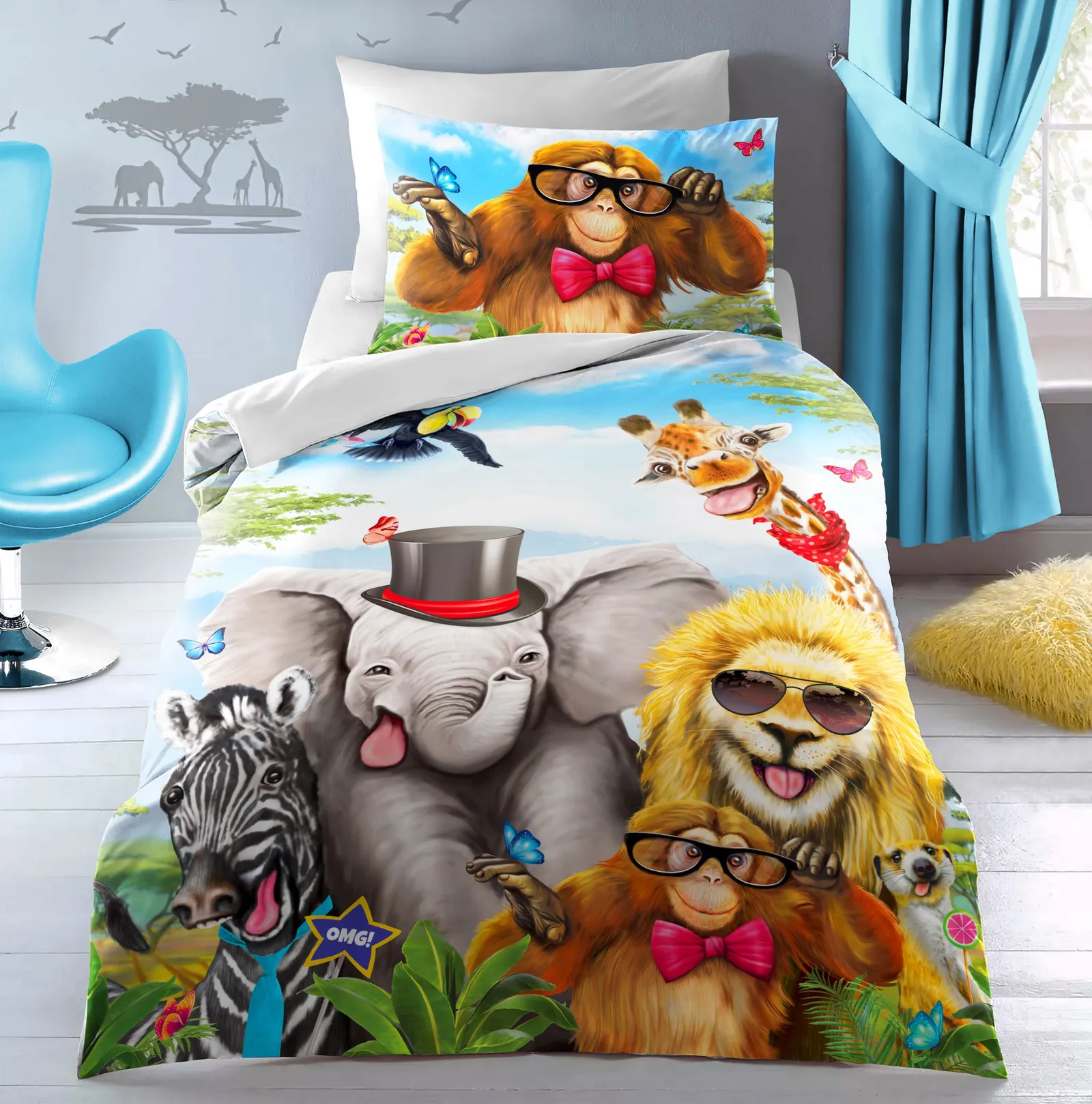 Velosso Selfie Animal Cotton Rich Printed Duvet Cover & Pillowcase Set in Red