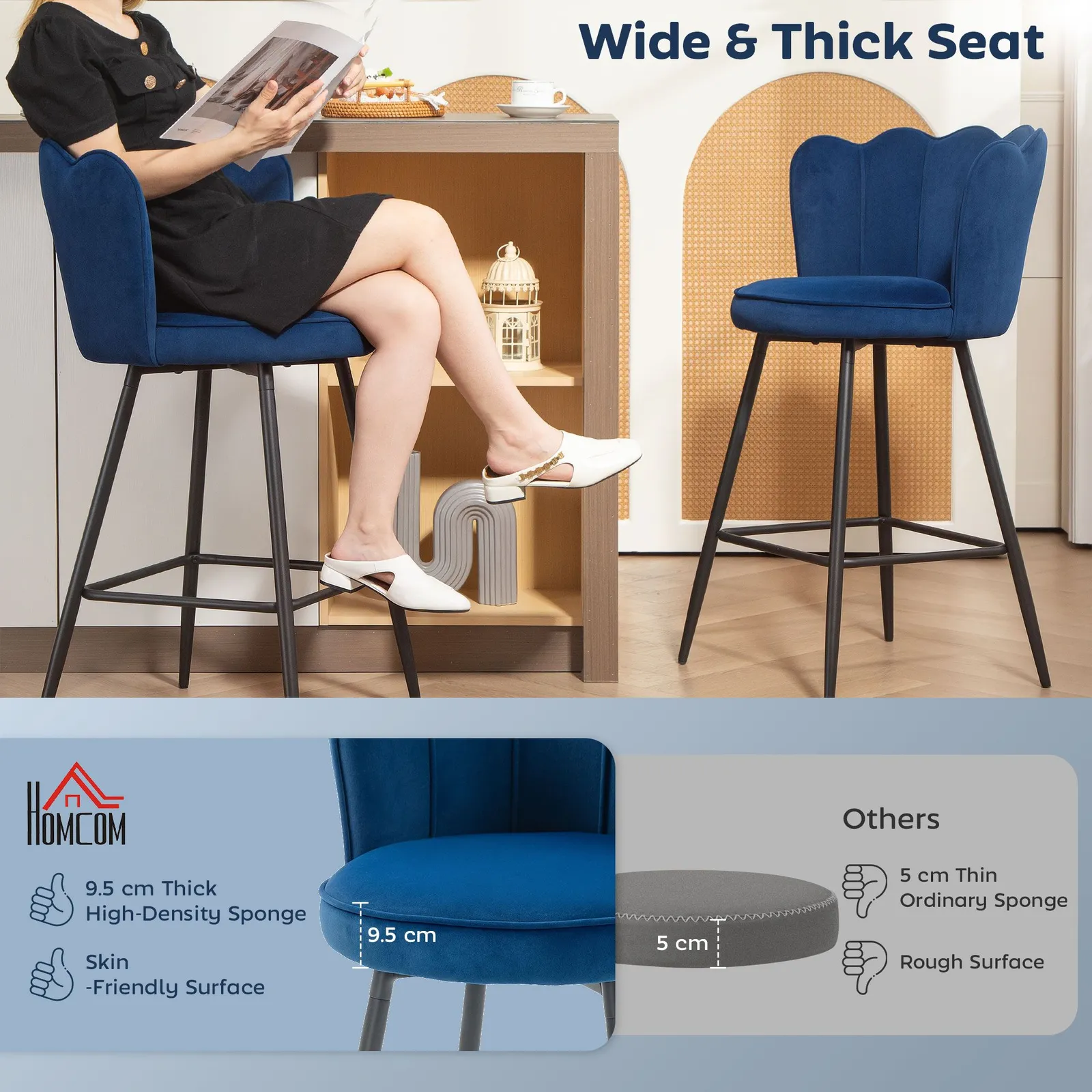 HOMCOM Set of 2 Barstools with Petal Backrest for Kitchen Island in Dark Blue 4