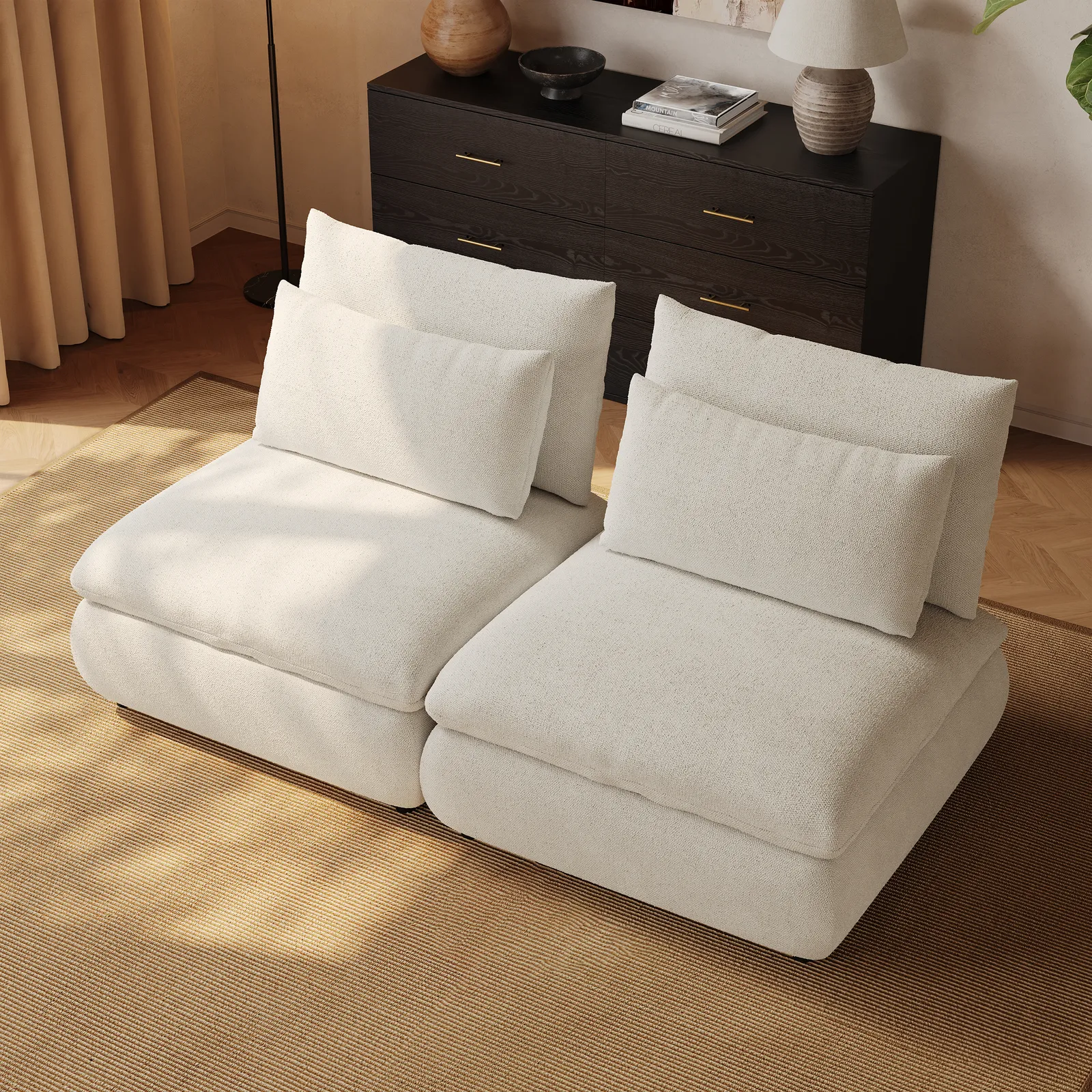 2-Piece Oatmeal Chenille Modular Sectional Sofa with Hidden Storage & Removable Backrest