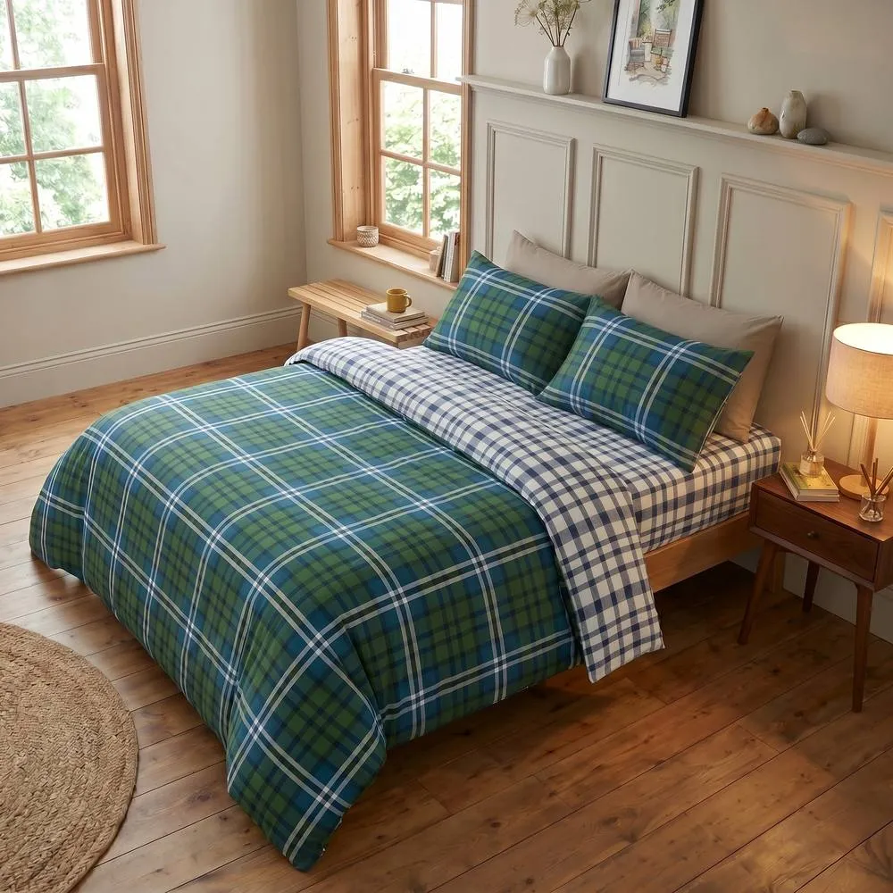 Rapport Home Ross Check Complete Duvet Cover Set with Fitted Sheet & Pillowcases in Green