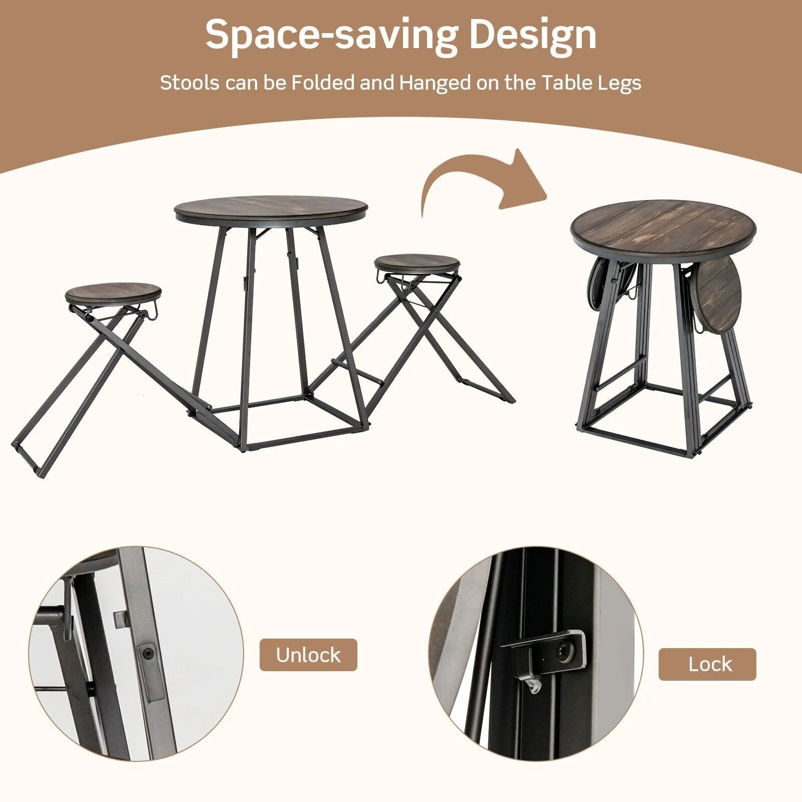 Costway 3-Piece Round Table & Stool Set Dining Bar Table w/ 2 Foldable Stools in Grey 4