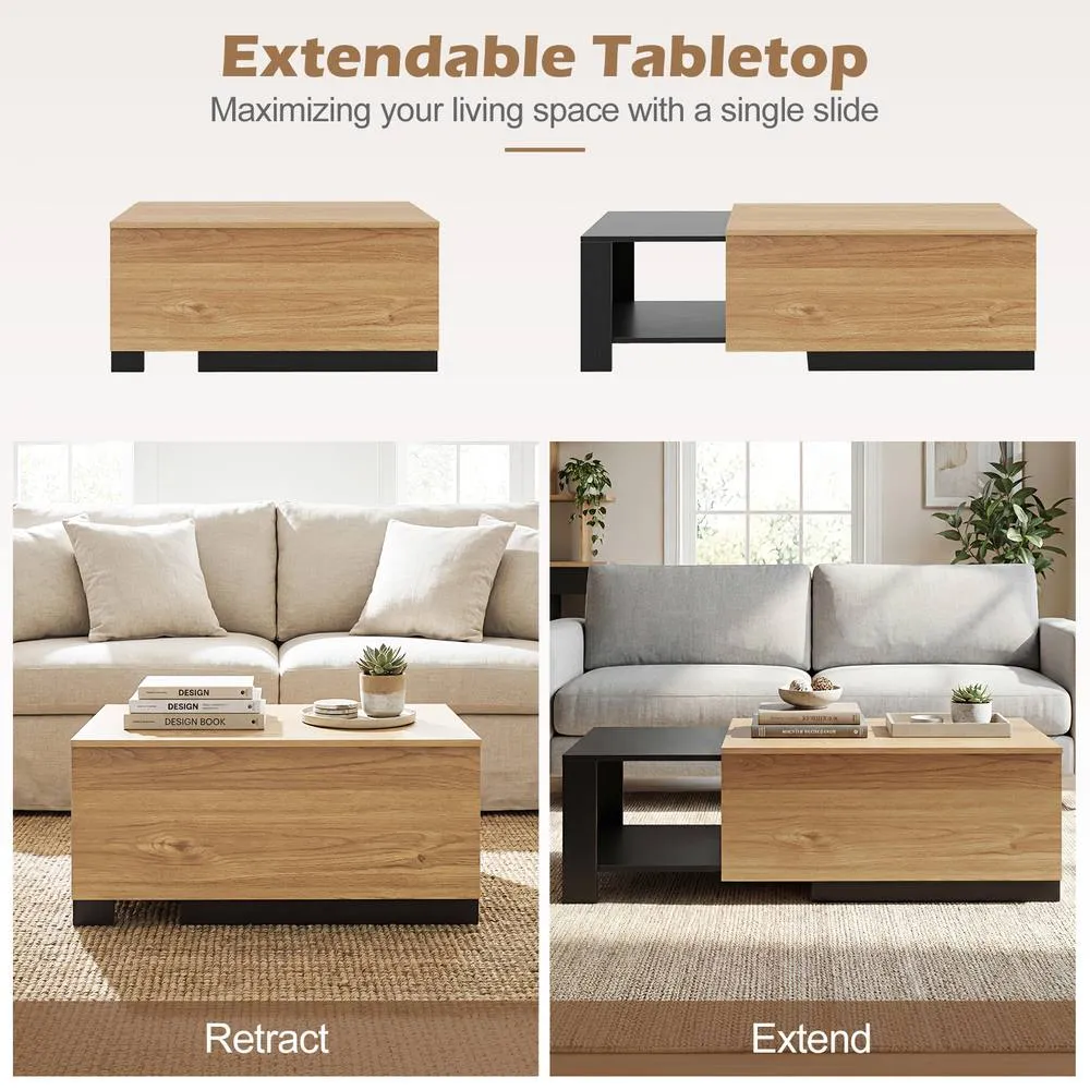 Costway Wooden Rectangle Extendable Coffee Table with Sliding Tabletop in Natural 5