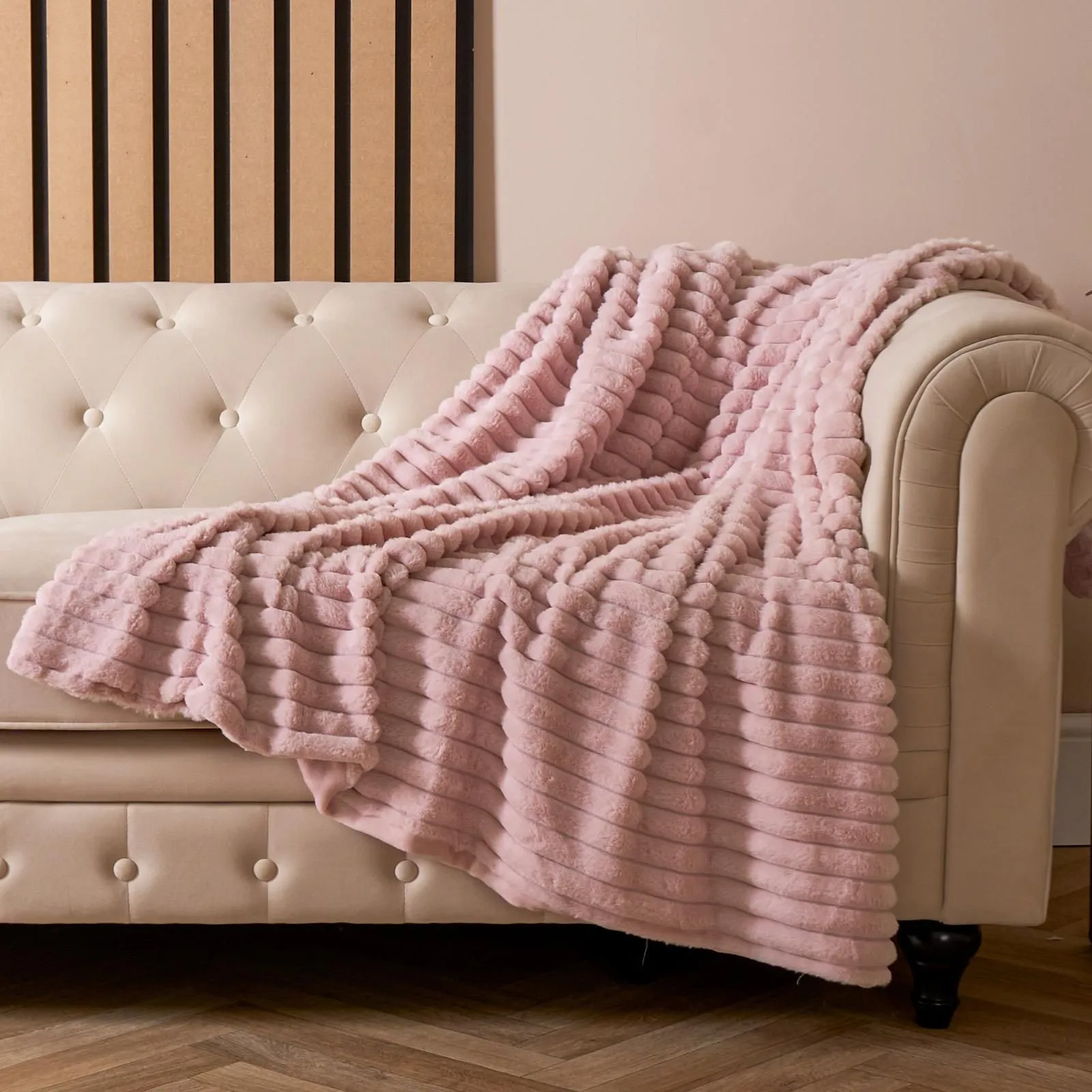OHS Faux Fur Ribbed Fleece Throw Over Bed Blanket Winter Warm Supersoft in Pink