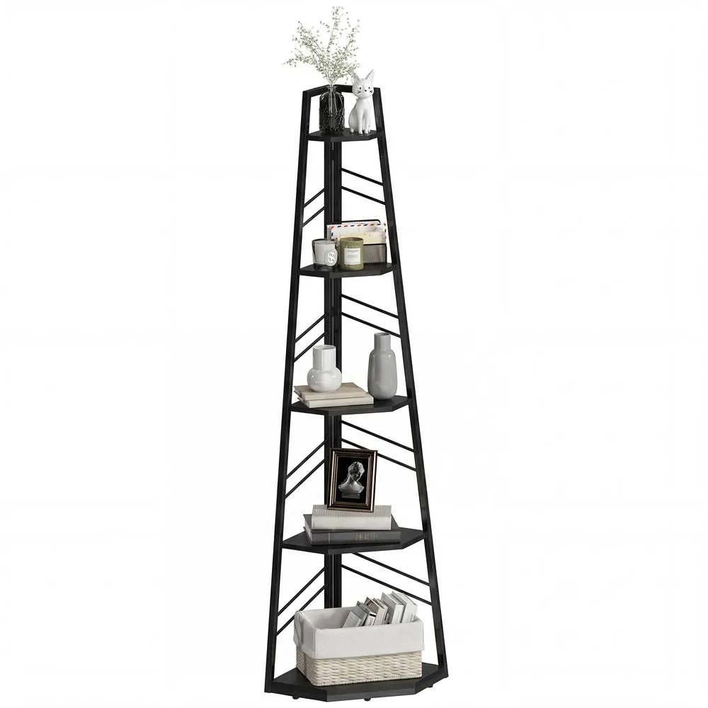 HOMCOM 5-Tier Corner Bookcase, Floor Standing Shelving Unit in Black 2