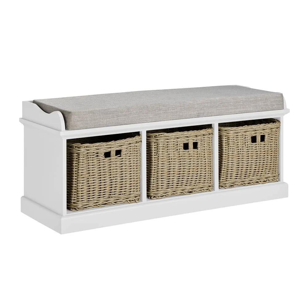 Statement Furniture Tetbury Bench with 3 Brown Faux Wicker Baskets & Cream Cushion in White