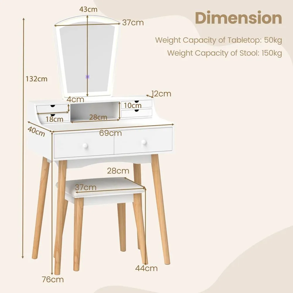 Costway Vanity Dressing Table & Chair Set Set w/Mirror & Lights-White in White 2