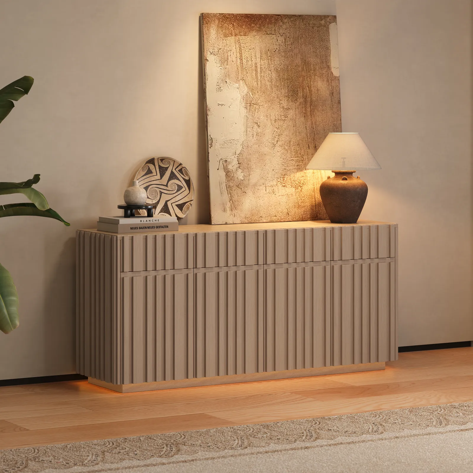 Aura 65" Ash Wood Slatted TV Stand with Sintered Stone Top