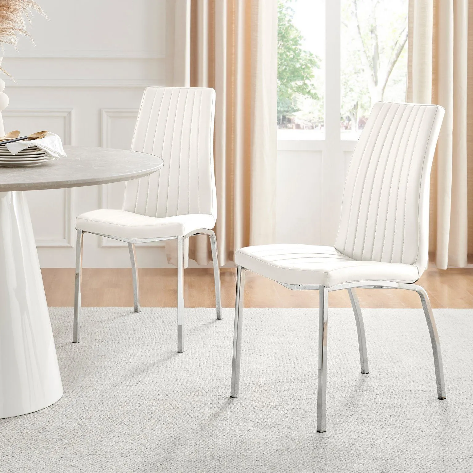 FurnitureboxUK Set of 2 Isco Deep Cushioned Soft Touch Faux Leather Dining Chairs With Silver Chrome Metal Legs in White