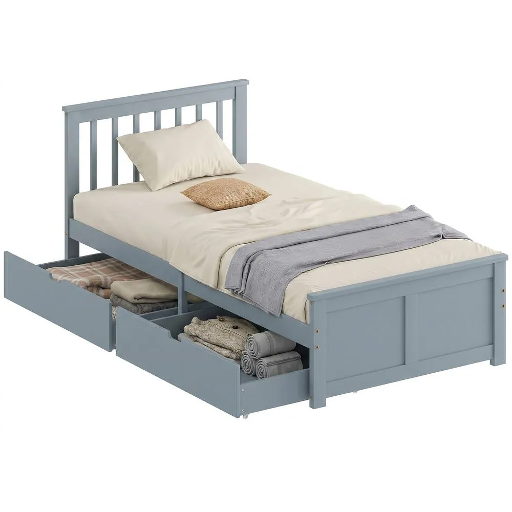 HOMCOM Storage Bed with 2 Drawers, Headboard, Wood Slat Support, Grey 2