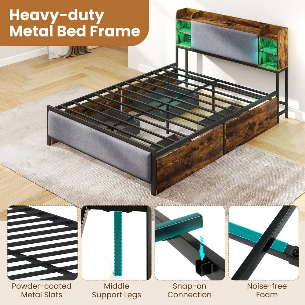 Costway Double Size Bed Frame Platform Bed w/ LED Lights & Charging Station in Brown 6