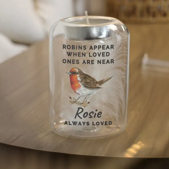 Personalised Robin Memorial Feather Tealight Holder 3