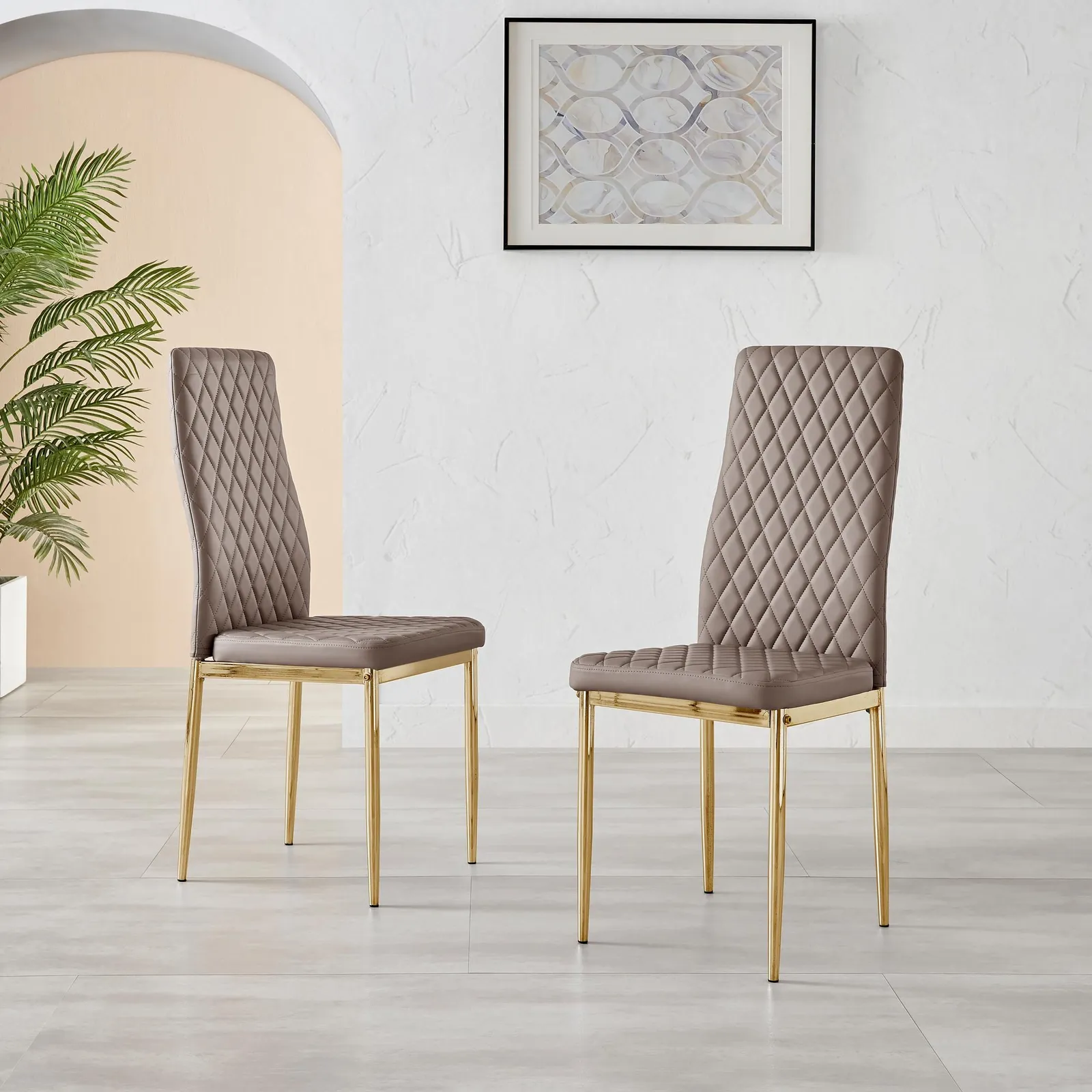 FurnitureboxUK Set of 4 Milan High Back Soft Touch Diamond Pattern Faux Leather Dining Chairs With Gold Chrome Metal Legs in Beige 2