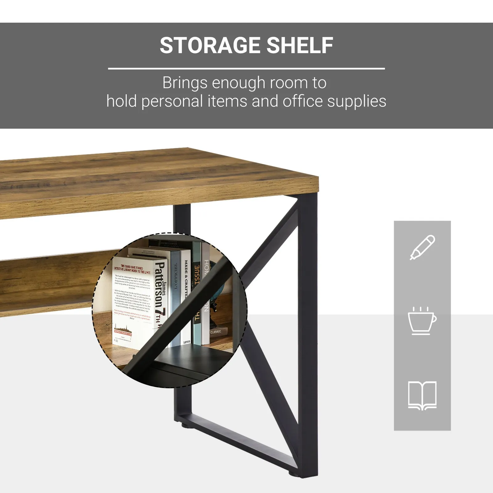 HOMCOM Workstation Computer Desk Table with Storage Shelf Steel Frame Brown 4