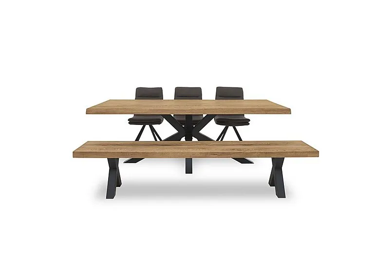 Njord Raw Edge Dining Table with Metal Star Base, Bench and 3 Anthracite Fabric Swivel Chairs - 220-cm