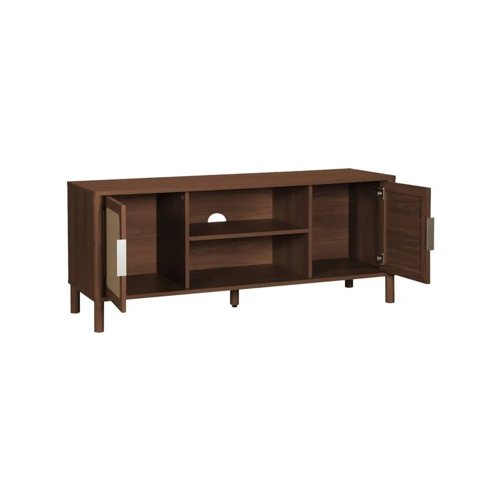 sweeek Vintage TV stand with wood decor & cane 2 doors 120cm in Dark Brown 3