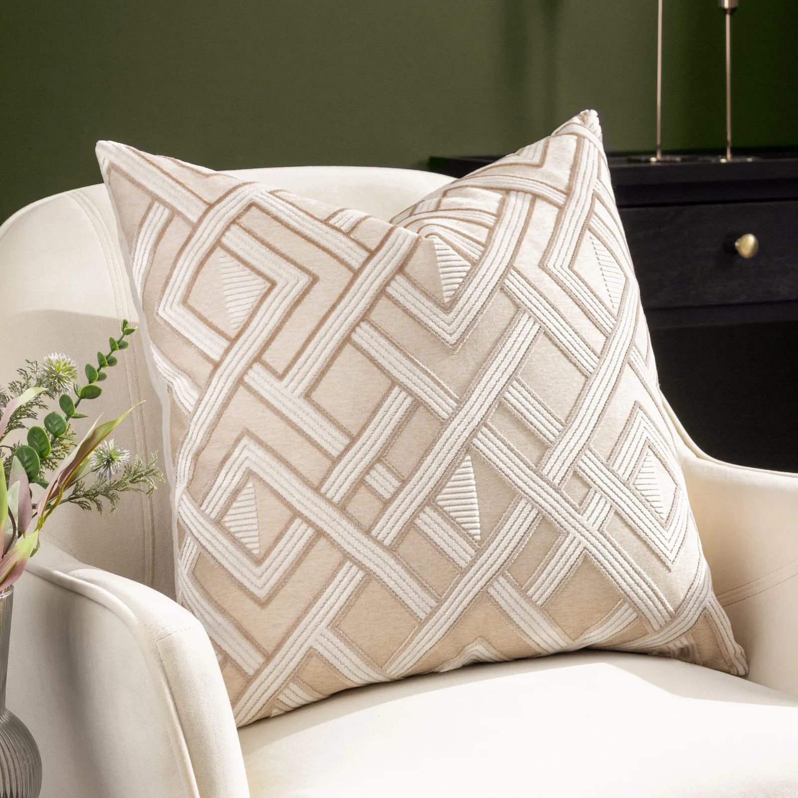 Paoletti Henley Geometric Velvet Cushion in Taupe 1