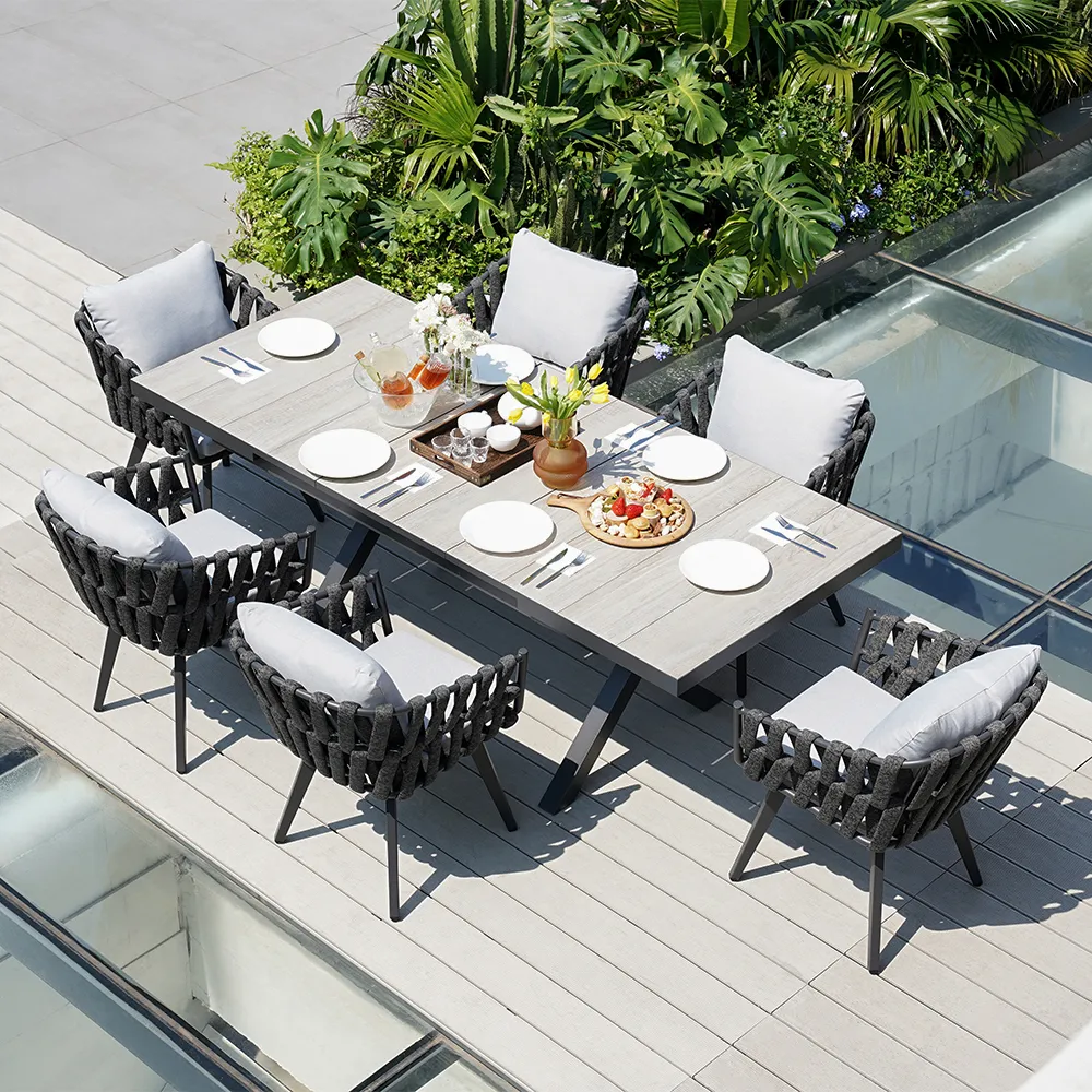 7-Piece Outdoor Extendable Dining Set with 6 Rope Weave Chairs (1631 mm - 2141 mm) in Grey