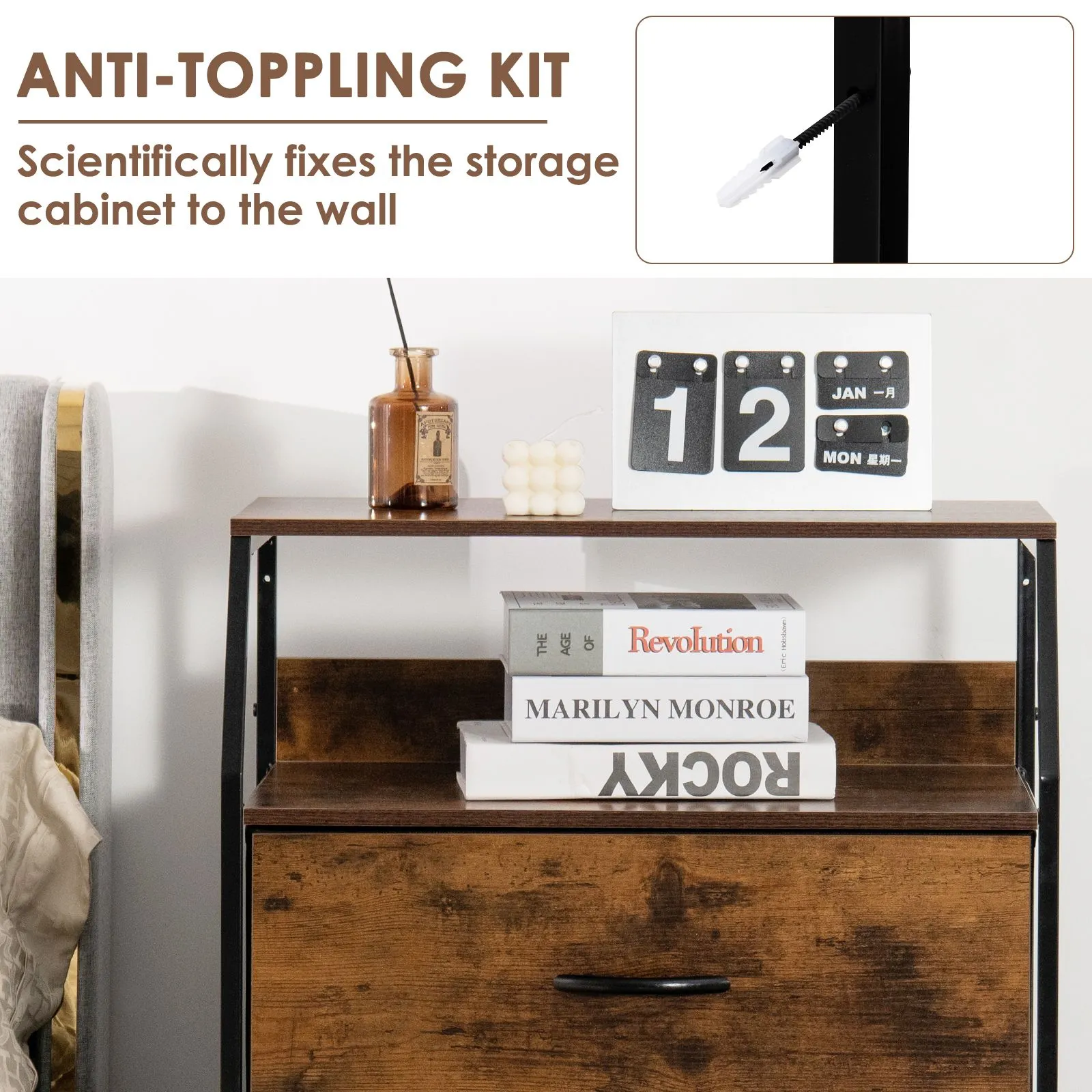 Costway 3 Drawer Dresser with with Top Shelf Foldable Drawer Chest Cabinet in Brown 6
