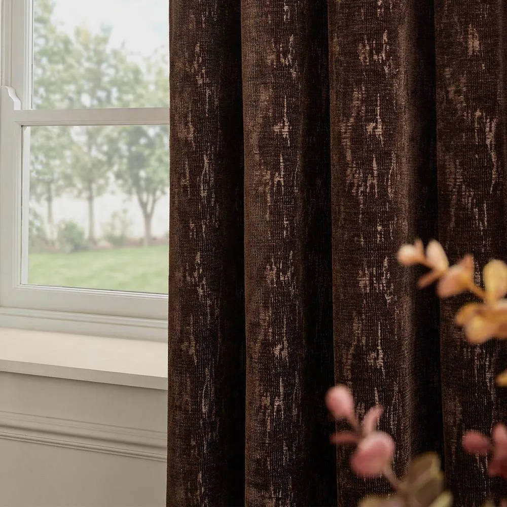 Paoletti Aurelio Chenille Fully Lined Eyelet Curtain Pair in Chocolate 2