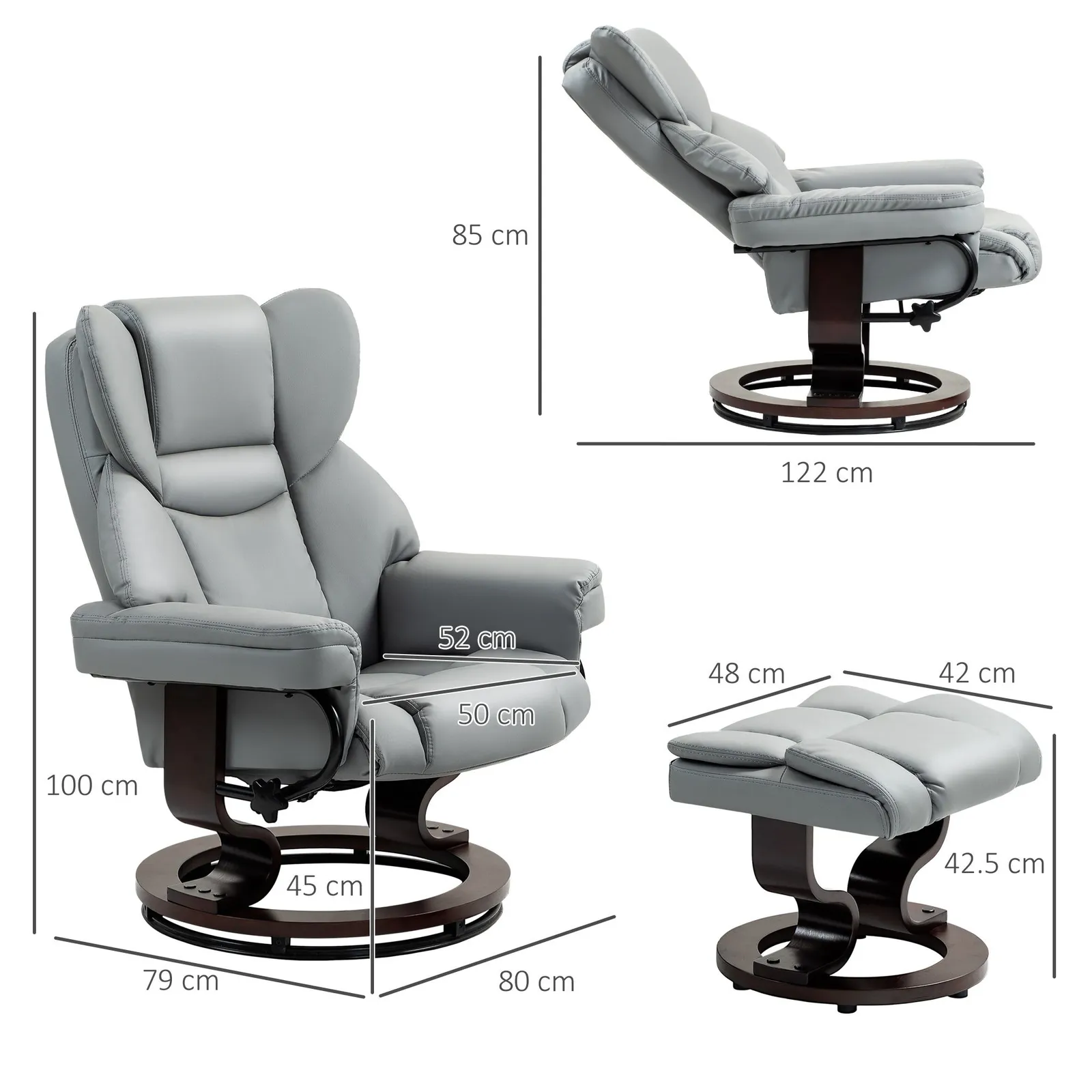 HOMCOM PU Leather Manual Reclining Armchair Footstool Padded Seat Light Grey 3