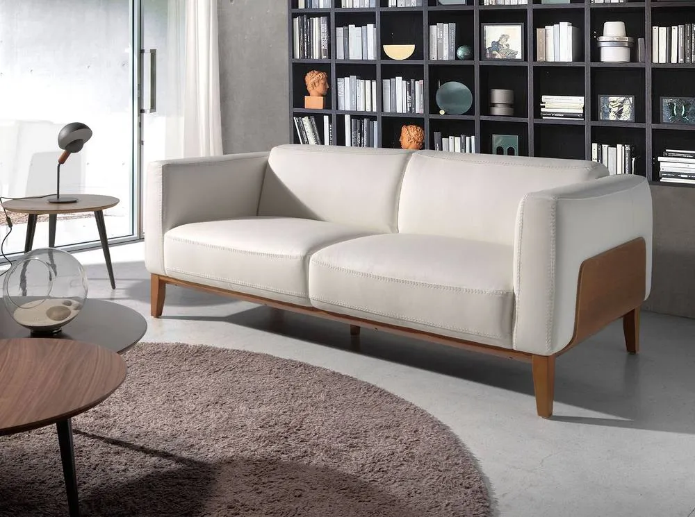 Angel Cerda White 3-Seater Cowhide Leather Sofa with Walnut Legs 3