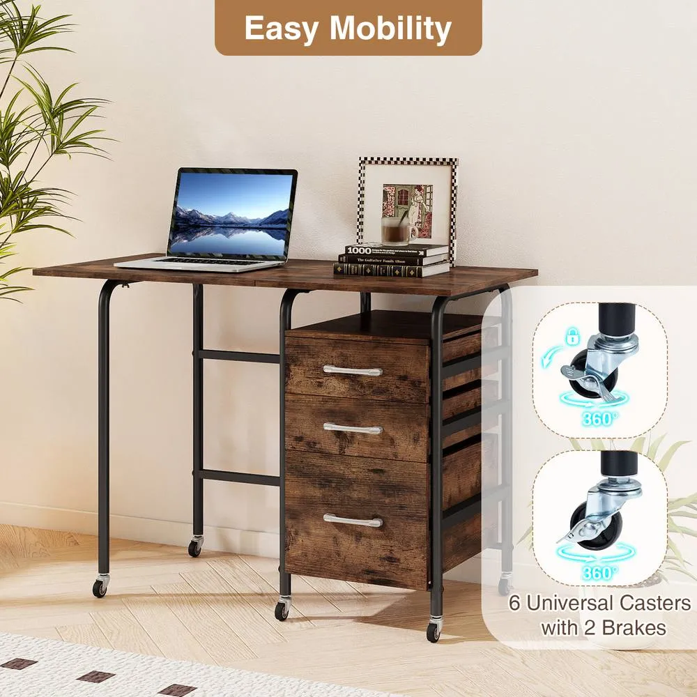 Costway Folding Desk with 3 Drawers Convertible Computer Desk in Brown 6