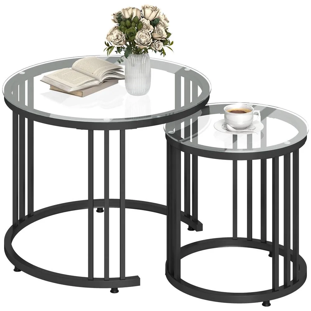 HOMCOM 2 Pieces Round Nesting Coffee Tables with Tempered Glass Top, Black 2