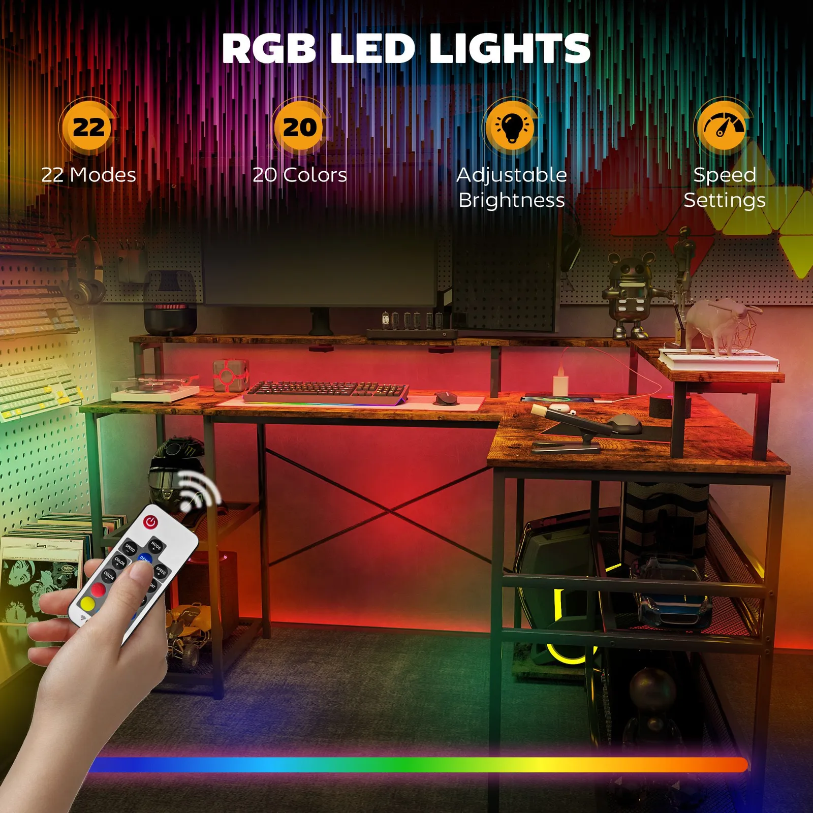 HOMCOM L Shaped Gaming Desk w/ LED Lights & Power Outlets for Small Space in Brown 4